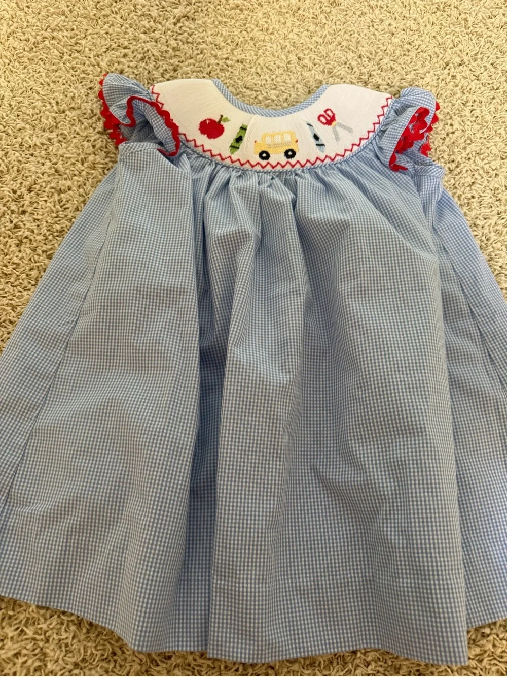 Blue Gingham Smocked Kids Nightgown with Red Ruffle Trim